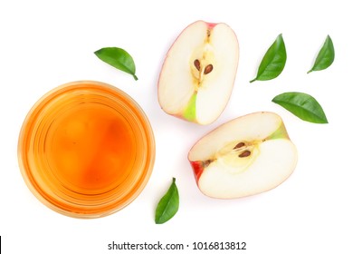 Apple With Juice And Leaves Isolated On White Background Top View. Flat Lay Pattern