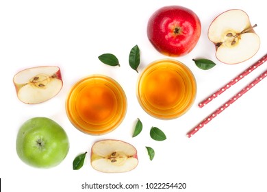 Apple With Juice And Leaves Isolated On White Background Top View. Flat Lay Pattern