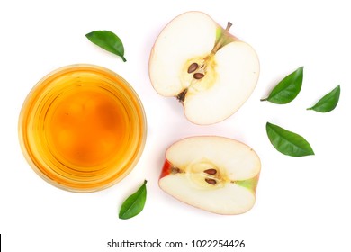 Apple With Juice And Leaves Isolated On White Background Top View. Flat Lay Pattern