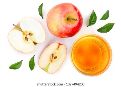 Apple With Juice And Leaves Isolated On White Background Top View. Flat Lay Pattern