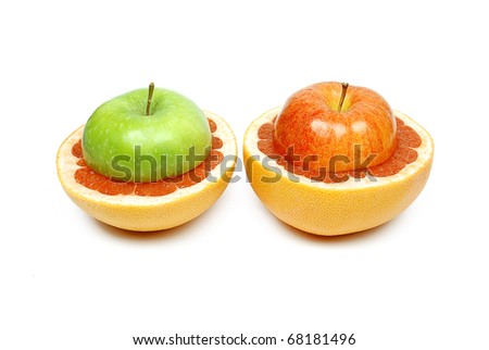 An apple made from half a red and half a grapefruit