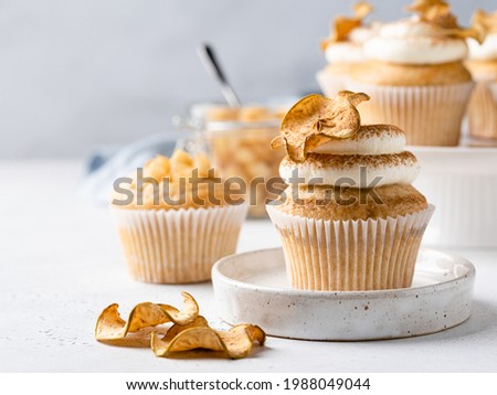 Apple muffins with cream cheese frosting decorated with dried apple slices and cinnamon powder. Autumn festive dessert. Homemade tasty cupcakes on white ceramic plate. Copy space. Close up view.