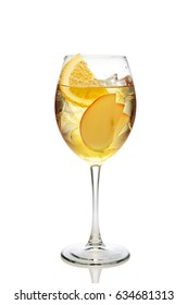 Apple And Orange Cocktail With A Sparkling Wine With Ice In Wine Glass Isolated On White