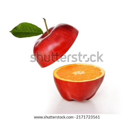 Apple and orange fruit combination hybrid cut open in half