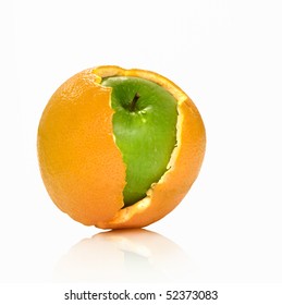 Apple and orange hybrid. On a white background the isolated