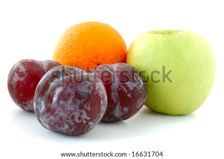 Apple, orange and  three lilac  plums on overwhite background.