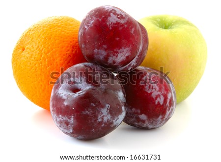 Apple, orange and  three lilac  plums on overwhite background.