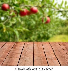 Apple Orchard Background, Wooden Planks For Product Placement