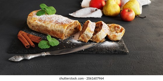 Apple Pastry Strudel Cake Dessert Pie Closeup. Homemade Apfelstrudel Gourmet Crust