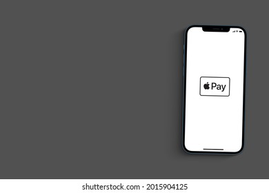 Apple Pay App On Smartphone Screen On Grey Background. Approximation Payment System. Top View. Rio De Janeiro, RJ, Brazil. July 2021.