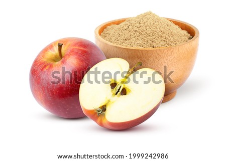 Apple pectin fiber powder in wooden bowl and fresh red apple with cut in half slice isolated on white background. 