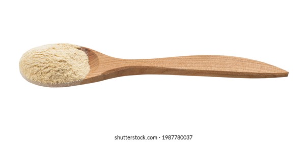 Apple Pectin Powder In Wooden Spoon Isolated On White Background