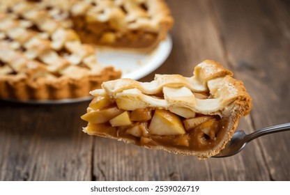 Apple Pie: A baked dessert with spiced apple filling, encased in a flaky, buttery crust, and often served warm with ice cream for a quintessentially American treat. - Powered by Shutterstock