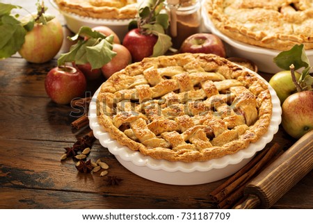 Apple pie decorated with lattice, fall baking concept