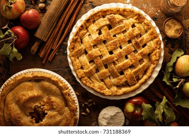 Apple Pie Decorated With Lattice Overhead Shot, Fall Baking Concept