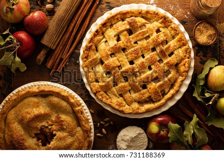 Apple pie decorated with lattice overhead shot, fall baking concept