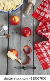 Apple Pie Ingredients On A Raw, Weathered Wood Background.