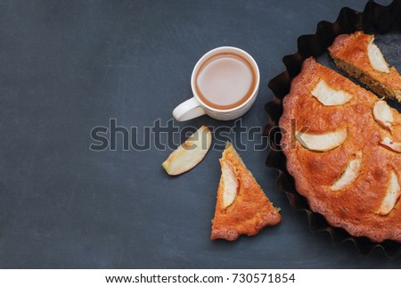 Apple Pie on a Chalkboard with an Apple an coffee or capucino cup