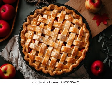 Apple pie presented in an elegant manner, showcasing a slice with a golden crust, warm filling, and a rustic plate, captured from a professional angle.