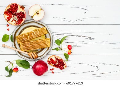 Apple, Pomegranate And Honey, Traditional Food Of Jewish New Year - Rosh Hashana. Copy Space Background