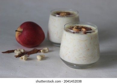 Apple Pudding. Made With Grated Apple, Milk. Sweetened With Sugar And Flavored With Cinnamon. Also Called Apple Kheer In India. Shot On White Background.