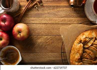 Apple And Salted Caramel Rustic Galette, Free Form Pie Overhead Shot With Copy Space