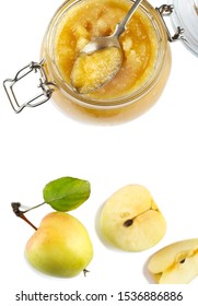 Apple sauce in jars on white background, top view, copy space