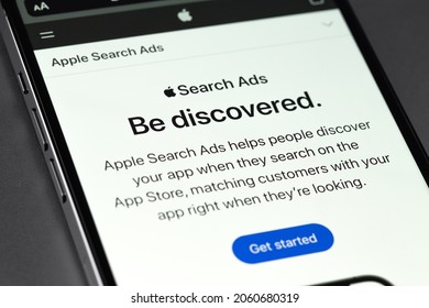 Apple Search Ads Logo On Screen Smartphone Closeup. Apple Search Ads (ASA) Is An Acquisition Channel That Connects Advertisers With A Relevant Target Audience. Moscow, Russia -  September 15, 2021