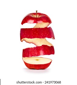 apple with the skin in a spiral on a white background