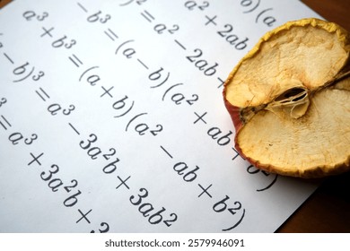 An apple slice lies next to handwritten equations, merging nature and math.