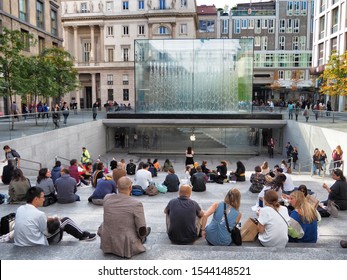 Apple store glass box entrance in Liberty square Milan Italy October 25 2019