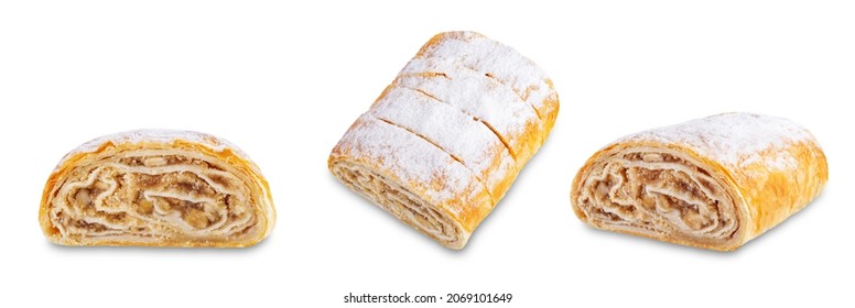 Apple Strudel Sweet Cake On A White Isolated Background. Toning. Selective Focus