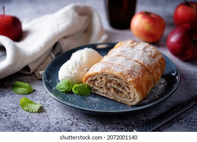 Apple Strudel Sweet Cake In A Plate. Toning. Selective Focus