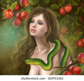 eve snake apple woman temptation alena lazareva young metatron illustration digital archangel artwork illustrations fantasy tree angel royalty sin clip