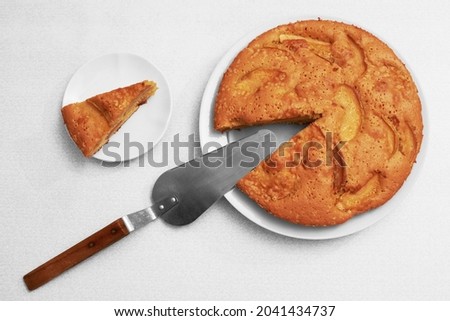 Applepie on the plate with cake server and slice of cake on saucer on light background, top view