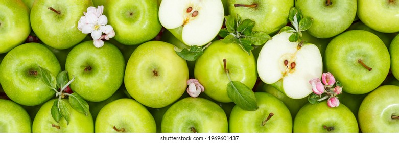 Apples Fruits Green Apple Fruit Banner Background With Leaves And Blossoms Food