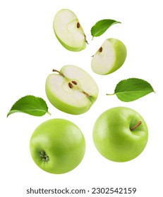 Apples isolated. Levitation of ripe green apples, apple halves and slices on a white background. - Shutterstock ID 2302542159