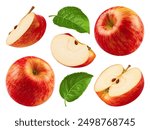 Apples isolated set. Collection of red apples, apple slices and halves on white background.