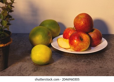 Apples On A White Plate And Oranges On The Side. Inspired By Paul Cézanne's Painting, 