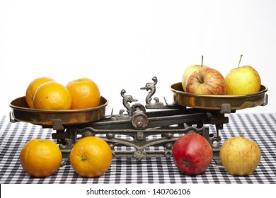 Apples And Oranges On An Old Balance To Visualize The Saw To Compare Apples To Oranges.