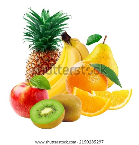 Apples, pear, banana, orange, kiwi, pineapple collage mix fruit marshmallow dried fruits packaging isolated white background square