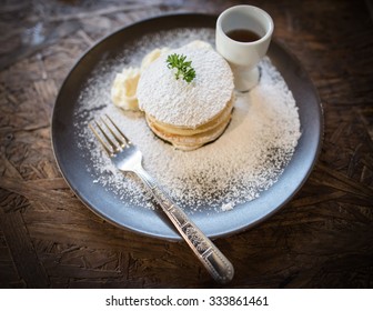 Applesauce Pancakes With Topping Powdered Sugar, Coriander, Black Dish, Folk