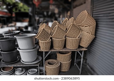 Appliances made from woven bamboo. There are many for sale. It is a woven container for holding things.bangkok,2023