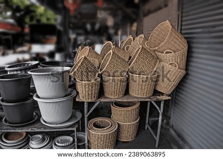 Appliances made from woven bamboo. There are many for sale. It is a woven container for holding things.bangkok,2023