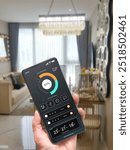 The application controls various functions on the mobile phone dashboard to facilitate room convenience. Smart home technology concept. Smart remote control technology
