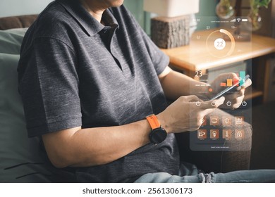 The application controls various functions on the mobile phone dashboard to facilitate room convenience. Smart home technology concept. Smart remote control technology. 