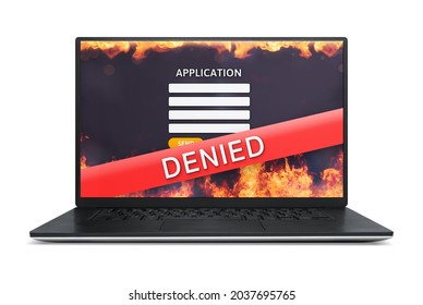 Application Denied Screen On Black Laptop. Negative Mockup Website Application Form. Concept For Rejection Of Applications Such As Credit Card, Loan, Mortgage Or Financial Problems. Isolated. 