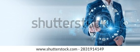 Application developer pointing at API and networking software integration data platforms, cloud connectivity, web services, automation systems, digital communication