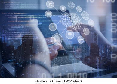 Application development, digital transformation, Ai Artificial intelligence, Software development. Coding software developer working on mobile smart phone, computer code, big data on virtual screen