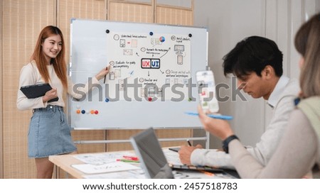 The application development team meets to discuss work plans and plans on the board. Brainstorm ideas for making ux ui to develop programs